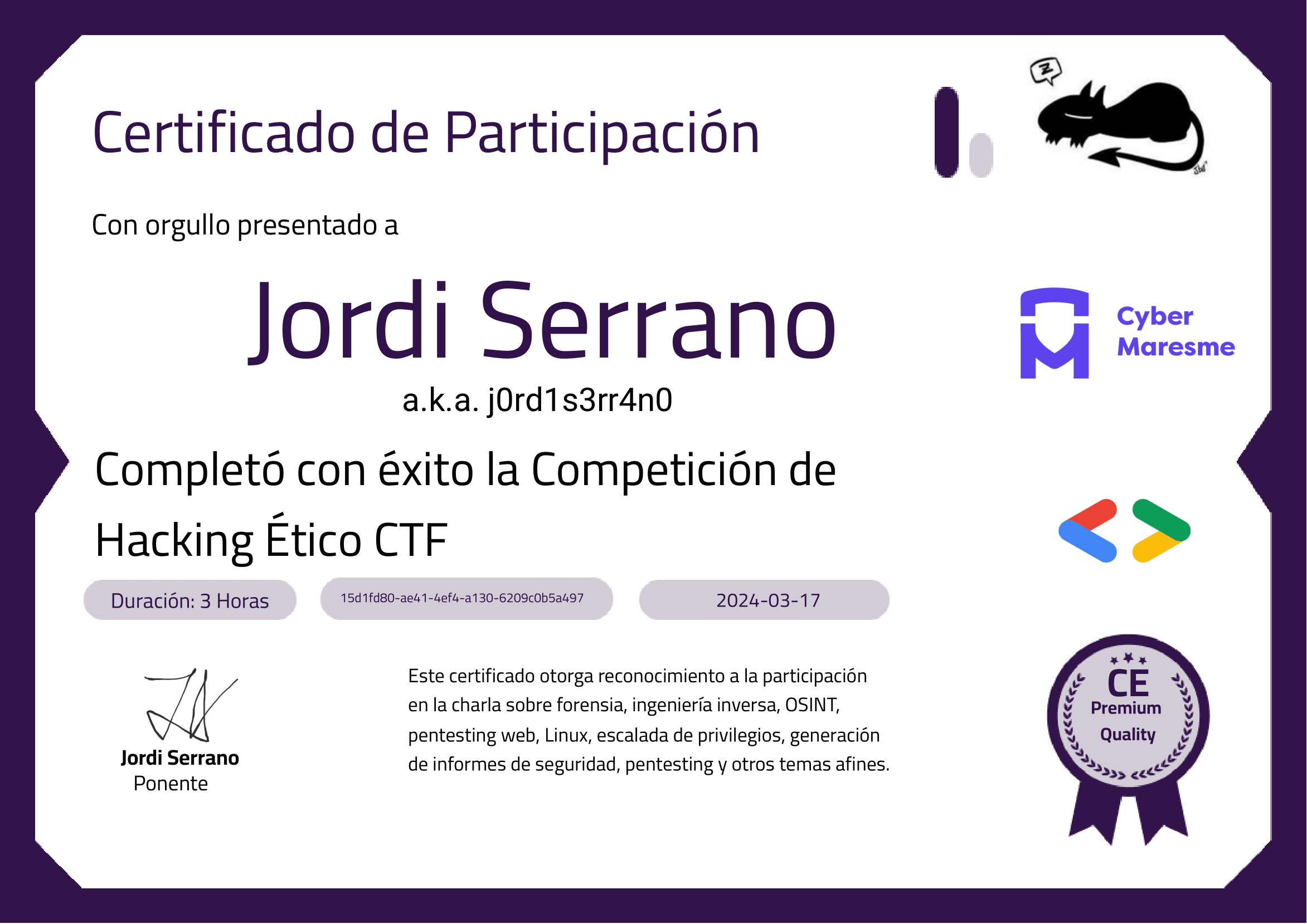 CyberMaresme Hacking Etic certificate