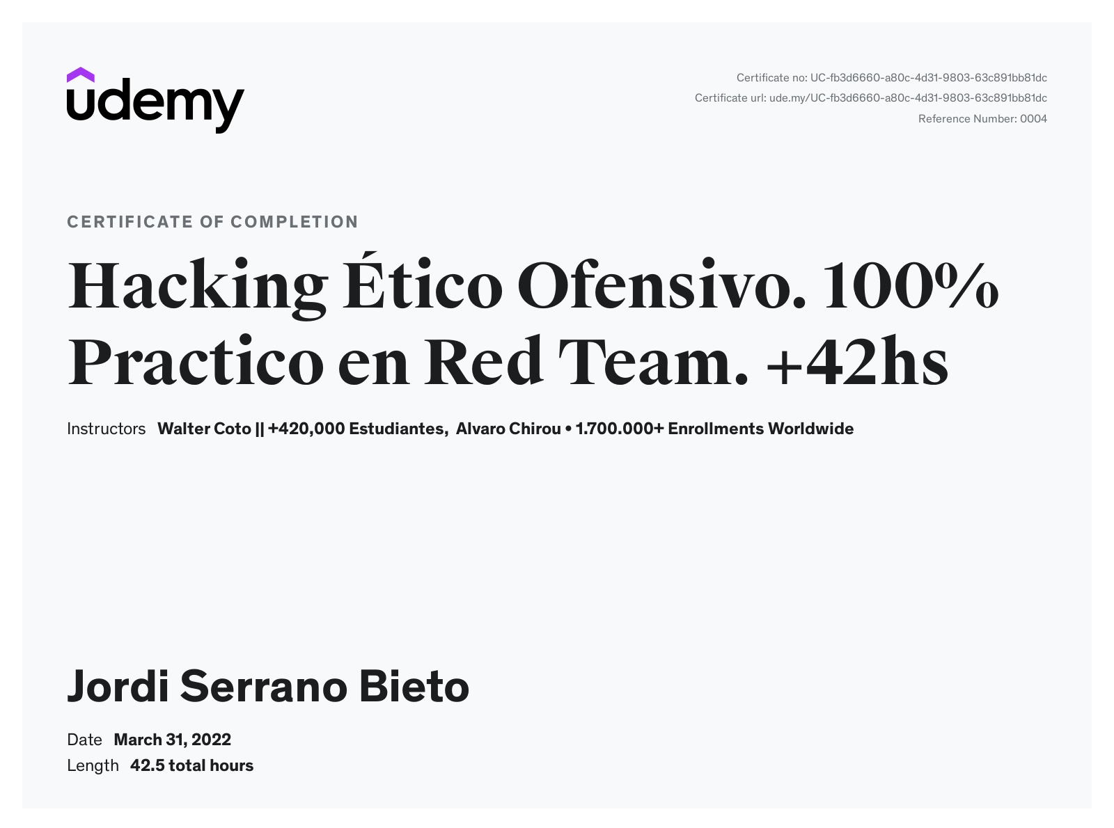 Hacking Etico Ofensivo certificate