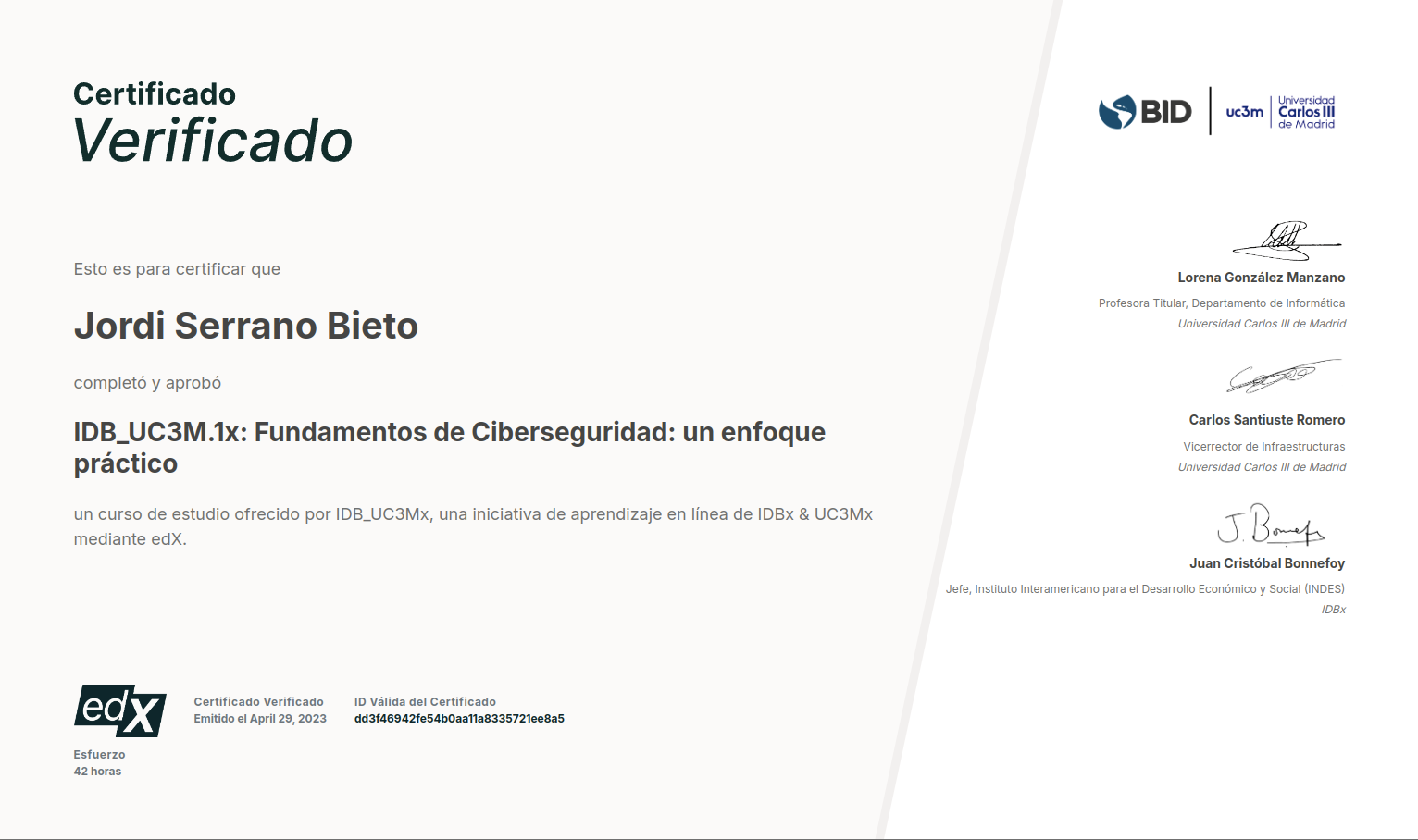 Fundamentos de Ciberseguridad certificate